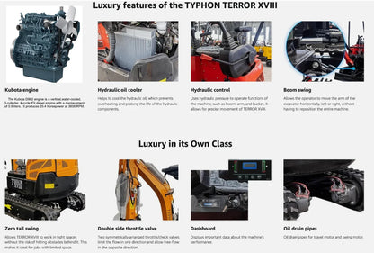 TYPHON TERROR XVIII Prestige 2 Ton Mini Excavator, KUBOTA D902 Diesel Engine USA with 12 attachments